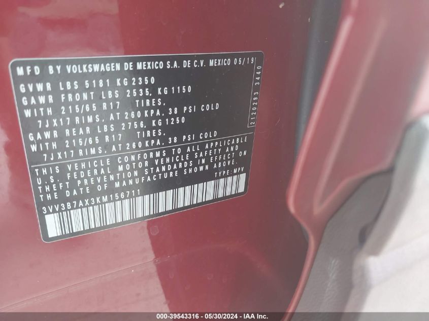 2019 Volkswagen Tiguan 2.0T Se/2.0T Sel/2.0T Sel R-Line/2.0T Sel R-Line Black VIN: 3VV3B7AX3KM156711 Lot: 39543316