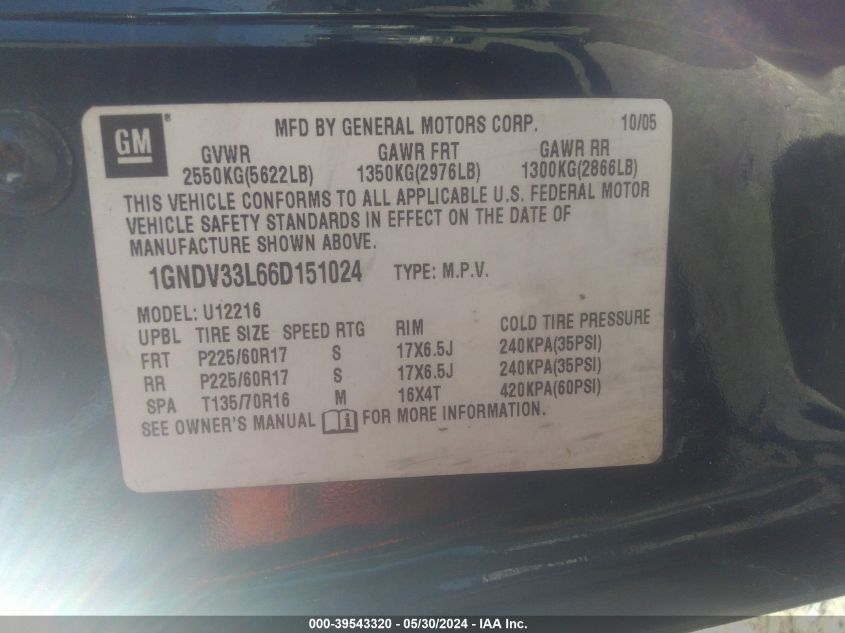 2006 Chevrolet Uplander Lt VIN: 1GNDV33L66D151024 Lot: 39543320