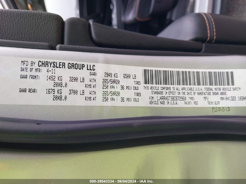 2011 Jeep Grand Cherokee Laredo VIN: 1J4RR4GT3BC672960 Lot: 39543334