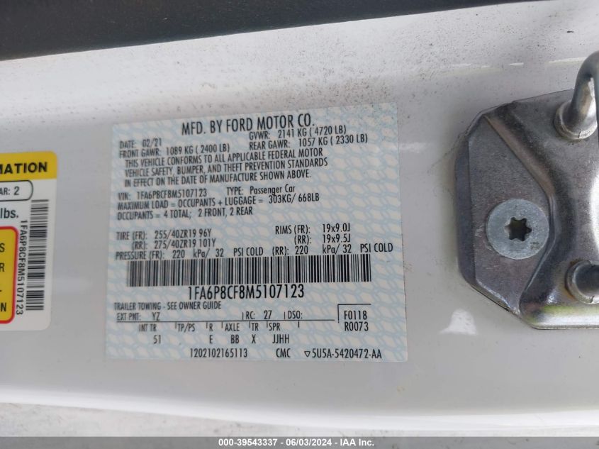 2021 Ford Mustang Gt Premium Fastback VIN: 1FA6P8M5107123 Lot: 39543337