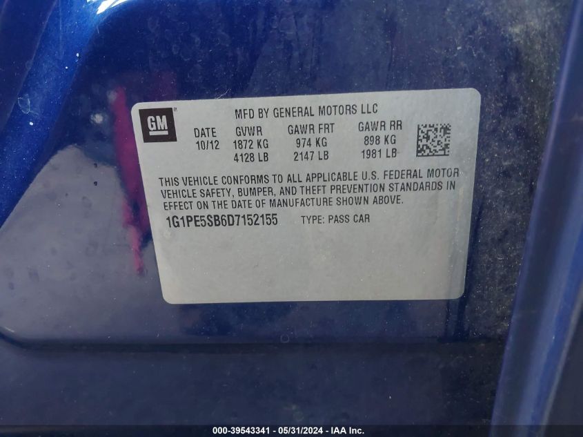 2013 Chevrolet Cruze 2Lt Auto VIN: 1G1PE5SB6D7152155 Lot: 39543341