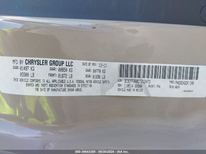 2012 Fiat 500 Sport VIN: 3C3CFFBR8CT212473 Lot: 39543350