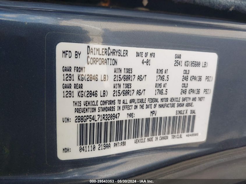 2001 Dodge Grand Caravan Es VIN: 2B8GP54L71R320947 Lot: 39543353