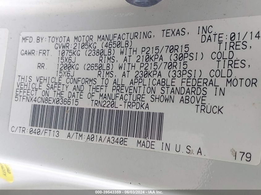 2014 Toyota Tacoma VIN: 5TFNX4CN8EX036615 Lot: 39543359