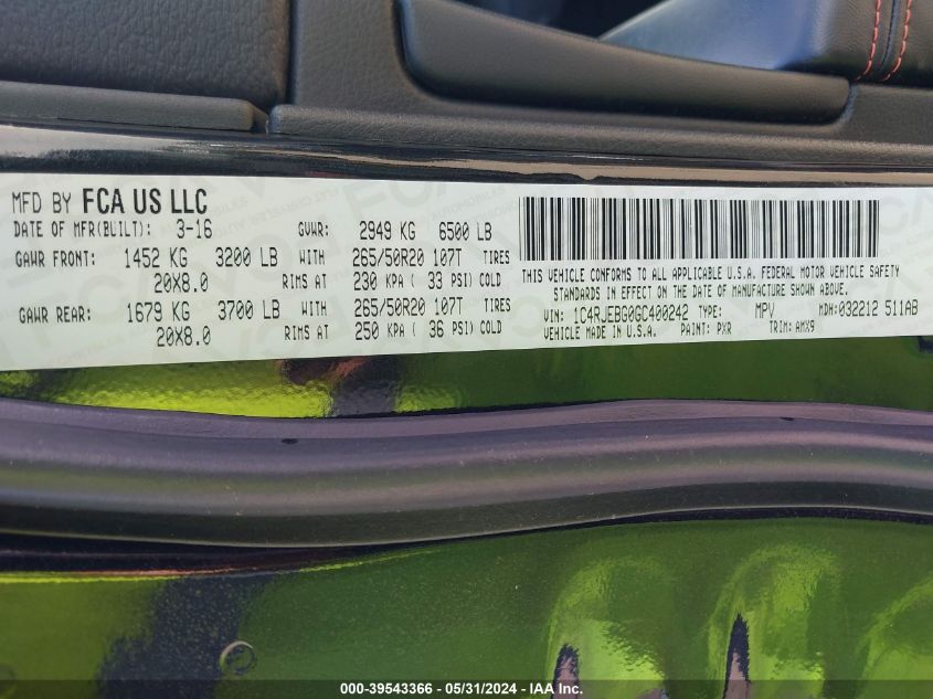 2016 Jeep Grand Cherokee Limited 75Th Anniversary VIN: 1C4RJEBG0GC400242 Lot: 39543366