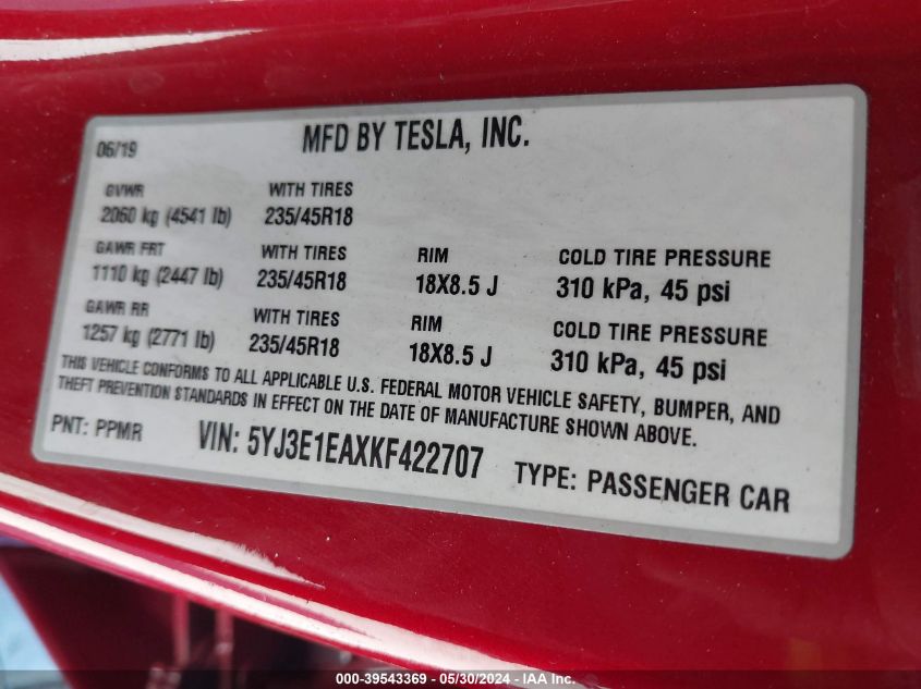 2019 Tesla Model 3 VIN: 5YJ3E1EAXKF422707 Lot: 39543369