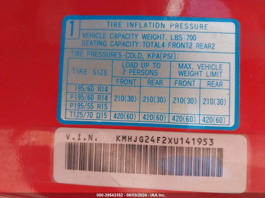 1999 Hyundai Tiburon VIN: KMHJG24F2XU141953 Lot: 39543382