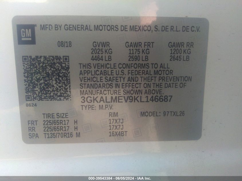 2019 GMC Terrain Sle VIN: 3GKALMEV9KL146687 Lot: 39543384