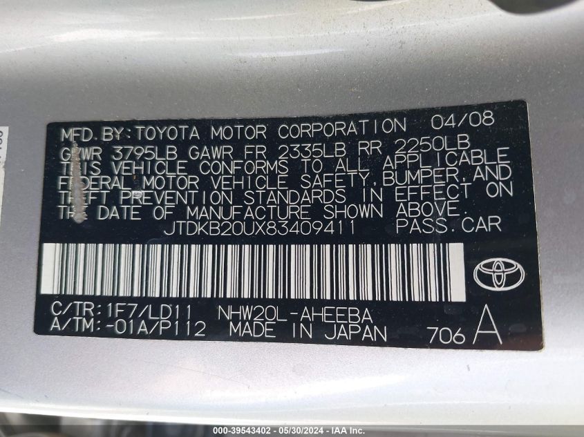 2008 Toyota Prius VIN: JTDKB20UX83409411 Lot: 39543402