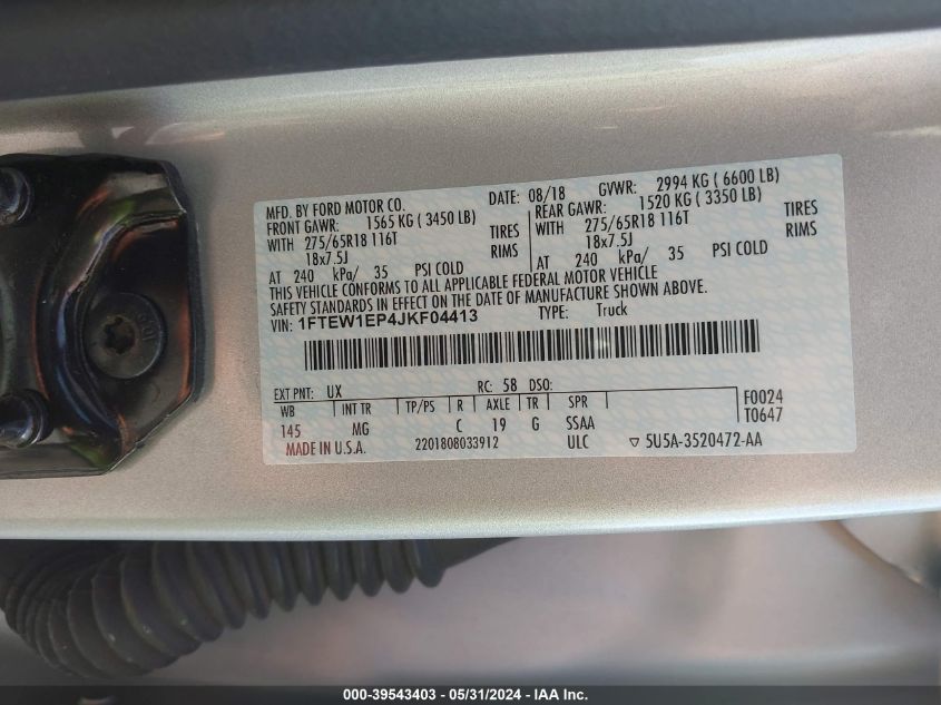 2018 Ford F-150 Xlt VIN: 1FTEW1EP4JKF04413 Lot: 39543403