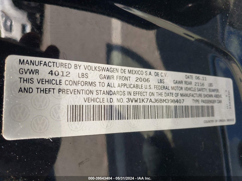 2011 Volkswagen Jetta 2.0L S VIN: 3VW1K7AJ6BM398407 Lot: 39543404