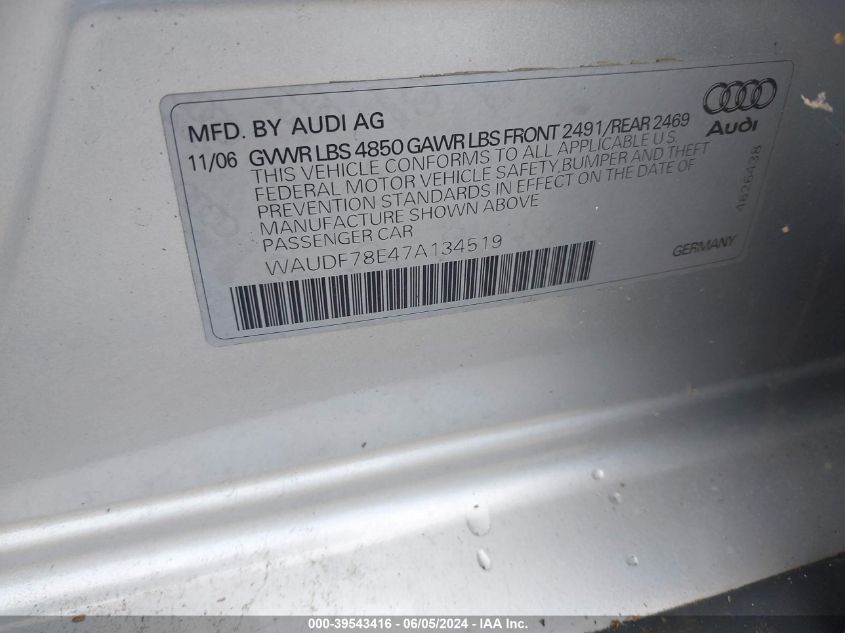 2007 Audi A4 2.0T VIN: WAUDF78E47A134519 Lot: 39543416