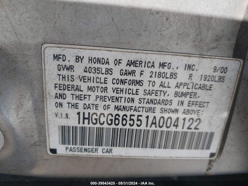 2001 Honda Accord 2.3 Lx VIN: 1HGCG66551A004122 Lot: 39543425