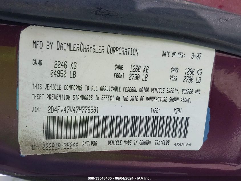 2007 Dodge Magnum VIN: 2D4FV47V47H776581 Lot: 39543435