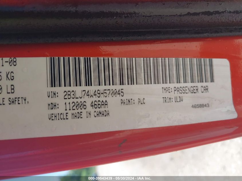 2009 Dodge Challenger Srt8 VIN: 2B3LJ74W49H570045 Lot: 39543439