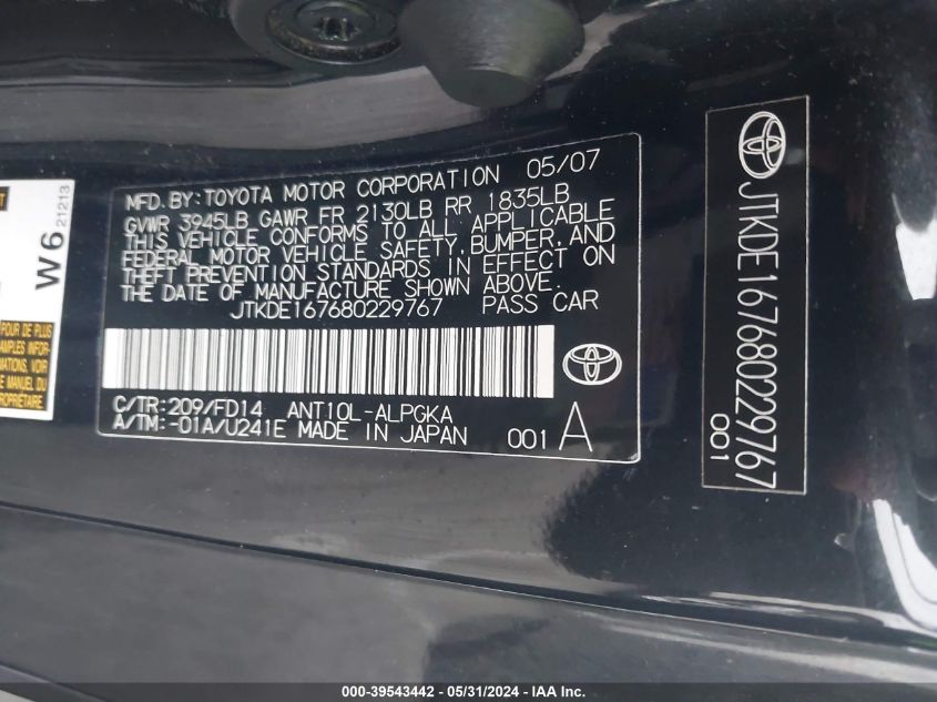 2008 Toyota Scion Tc VIN: JTKDE167680229767 Lot: 39543442