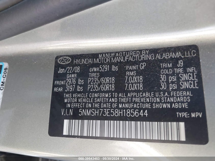 2008 Hyundai Santa Fe Limited/Se VIN: 5NMSH73E58H185644 Lot: 39543453