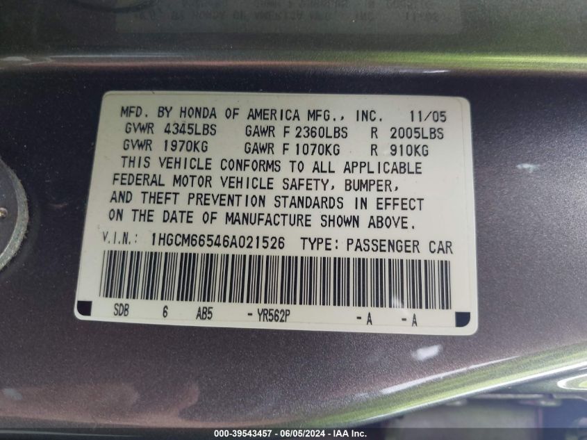 2006 Honda Accord 3.0 Ex VIN: 1HGCM66546A021526 Lot: 39543457