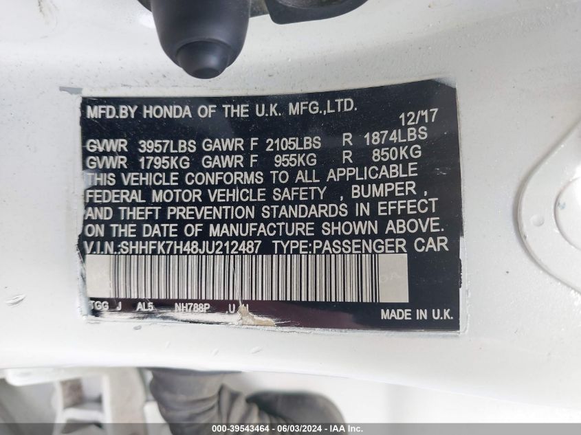 2018 Honda Civic Sport VIN: SHHFK7H48JU212487 Lot: 39543464