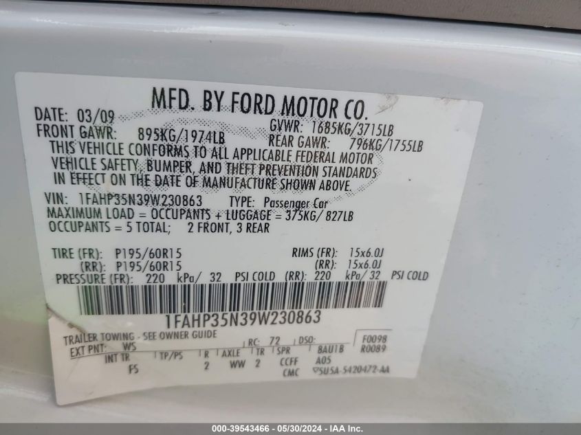 2009 Ford Focus Se VIN: 1FAHP35N39W230863 Lot: 39543466