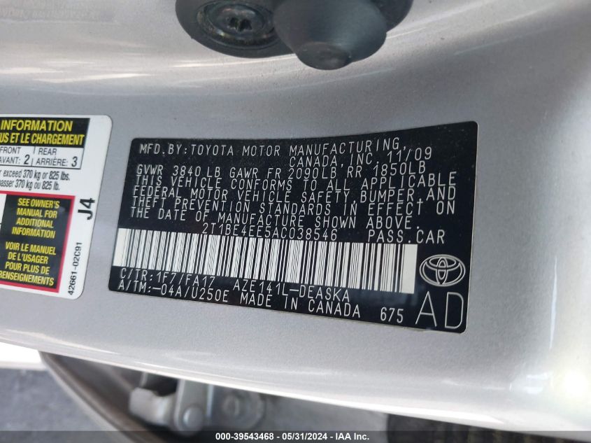 2010 Toyota Corolla Xrs VIN: 2T1BE4EE5AC038546 Lot: 39543468