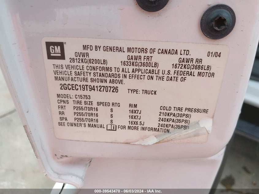 2004 Chevrolet Silverado 1500 Ls VIN: 2GCEC19T941270726 Lot: 39543470