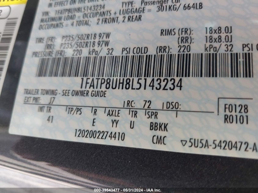 2020 Ford Mustang Ecoboost Premium VIN: 1FATP8UH8L51432 Lot: 39543477