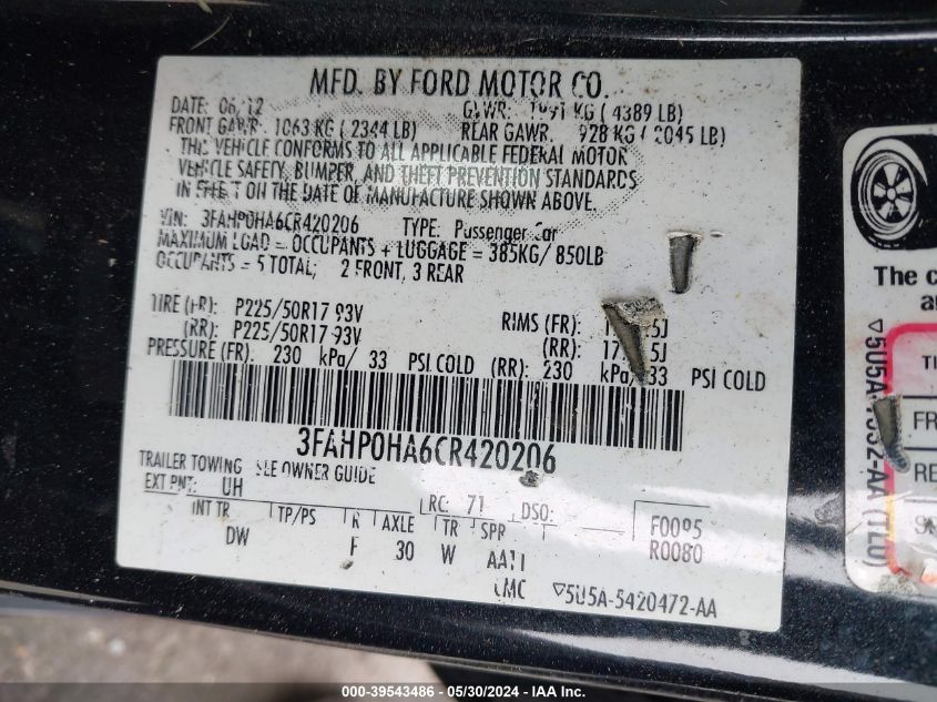 2012 Ford Fusion Se VIN: 3FAHP0HA6CR420206 Lot: 39543486