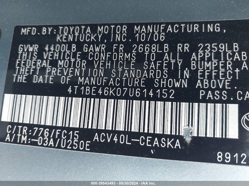 2007 Toyota Camry Se VIN: 4T1BE46K07U614152 Lot: 39543493