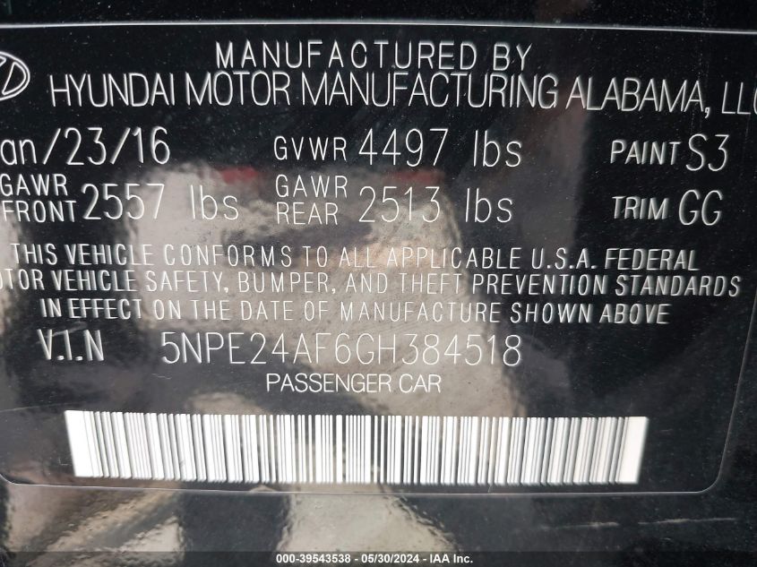 2016 Hyundai Sonata Se VIN: 5NPE24AF6GH384518 Lot: 39543538