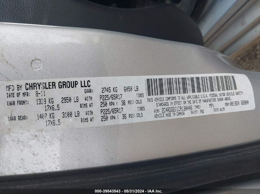 2012 Dodge Grand Caravan R/T VIN: 2C4RDGEG1CR130406 Lot: 39543543