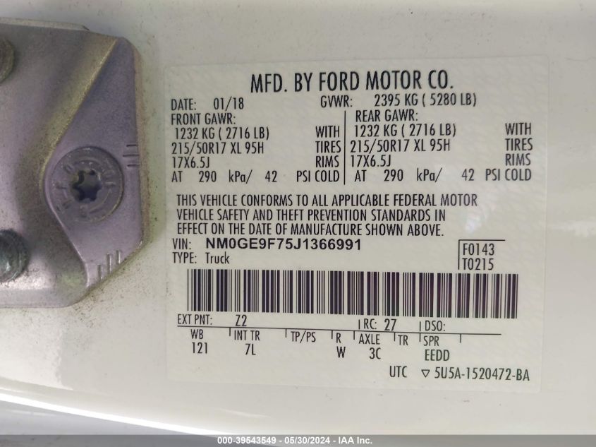 2018 Ford Transit Connect Xlt VIN: NM0GE9F75J1366991 Lot: 39543549