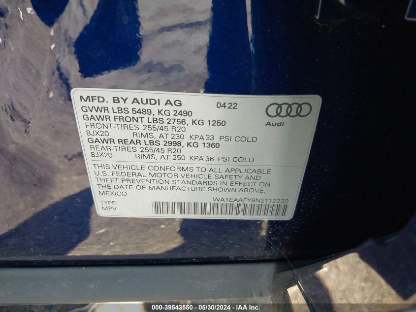 2022 Audi Q5 Premium Plus 45 Tfsi S Line Quattro S Tronic VIN: WA1EAAFY8N2112220 Lot: 39543550