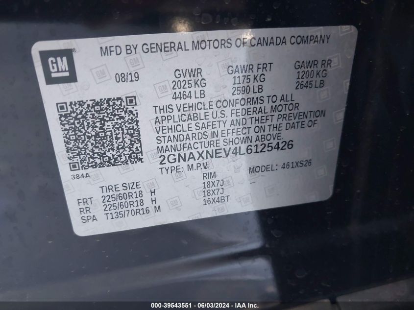 2020 Chevrolet Equinox Fwd Premier 1.5L Turbo VIN: 2GNAXNEV4L6125426 Lot: 39543551