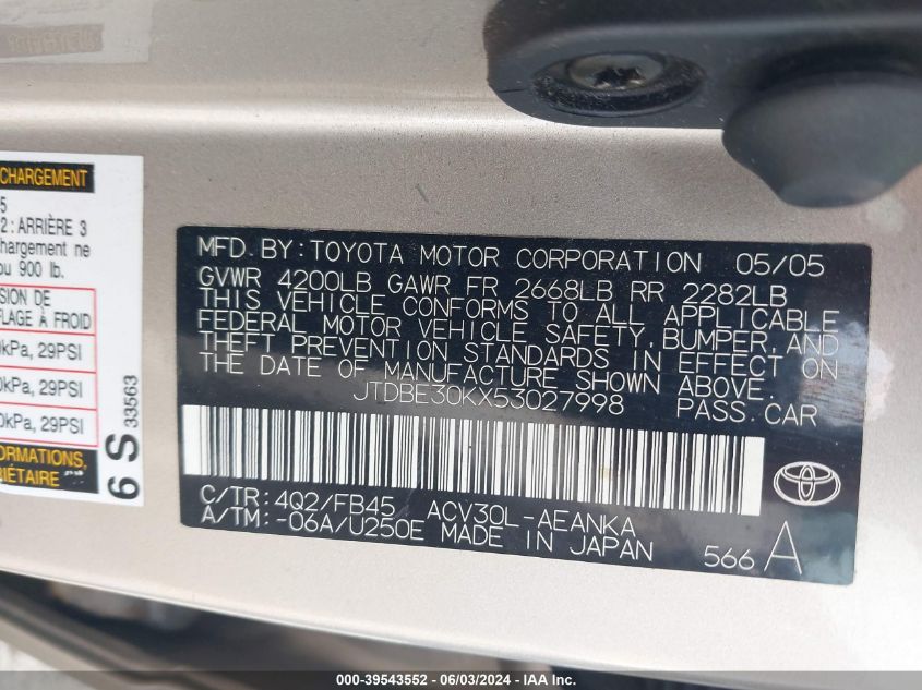 2005 Toyota Camry Le VIN: JTDBE30KX53027998 Lot: 39543552