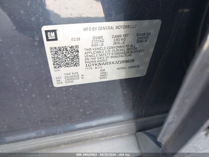 2018 Cadillac Xt5 Standard VIN: 1GYKNARSXJZ194628 Lot: 39543563
