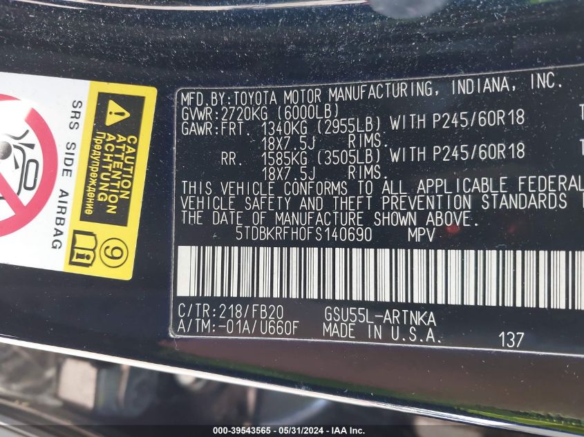 2015 Toyota Highlander Le V6 VIN: 5TDBKRFH0FS140690 Lot: 39543565