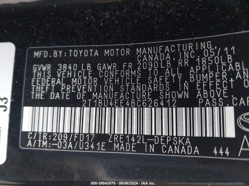 2011 Toyota Corolla S VIN: 2T1BU4EE4BC626412 Lot: 39543570