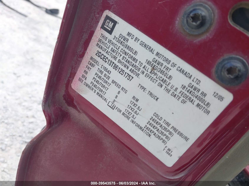 2006 Chevrolet Silverado 1500 Lt2 VIN: 2GCEC13T861251757 Lot: 39543575