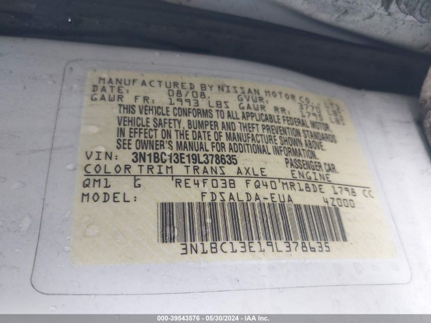 2009 Nissan Versa 1.8S VIN: 3N1BC13E19L378635 Lot: 39543576