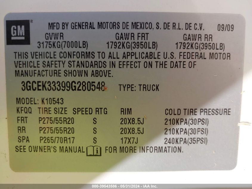 2009 Chevrolet Silverado 1500 Ltz VIN: 3GCEK33399G280548 Lot: 39543586
