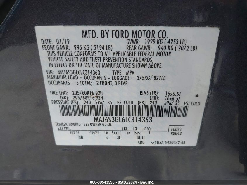 2020 Ford Ecosport Se VIN: MAJ6S3GL6LC314363 Lot: 39543598