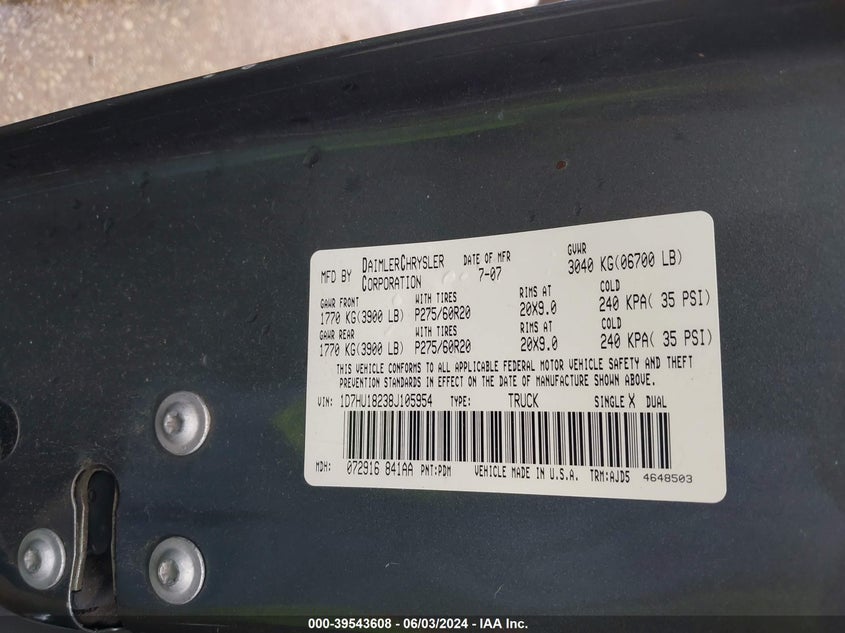 2008 Dodge Ram 1500 Slt VIN: 1D7HU18238J105954 Lot: 39543608