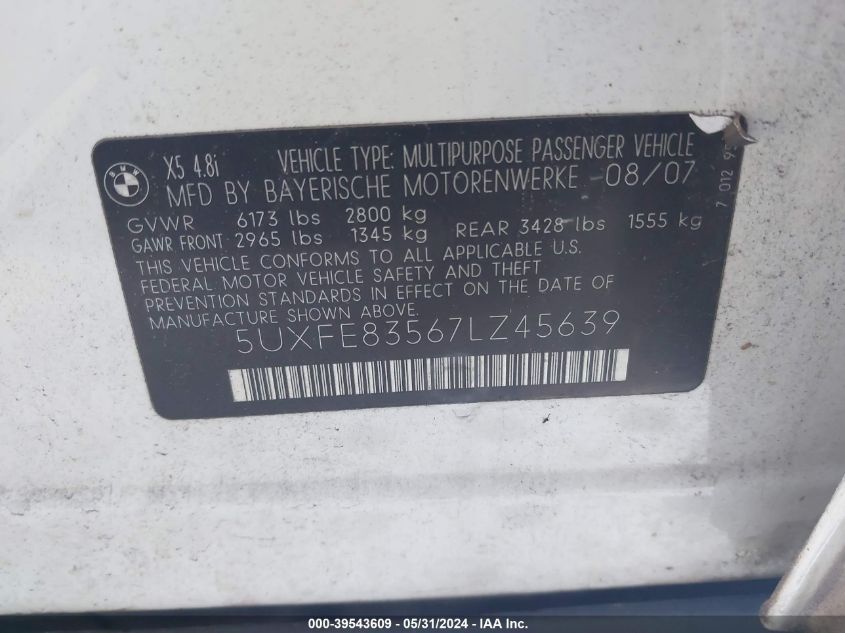2007 BMW X5 4.8I VIN: 5UXFE83567LZ45639 Lot: 39543609