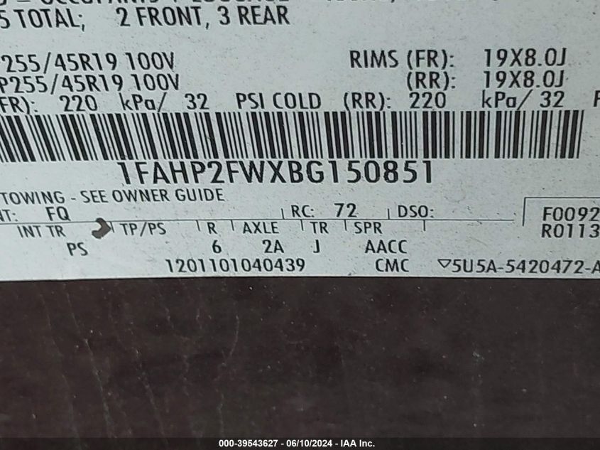 2011 Ford Taurus Limited VIN: 1FAHP2FWXBG150851 Lot: 39543627