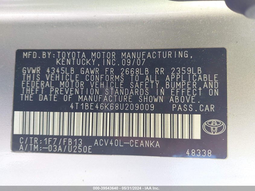 2008 Toyota Camry Le VIN: 4T1BE46K68U209009 Lot: 39543640