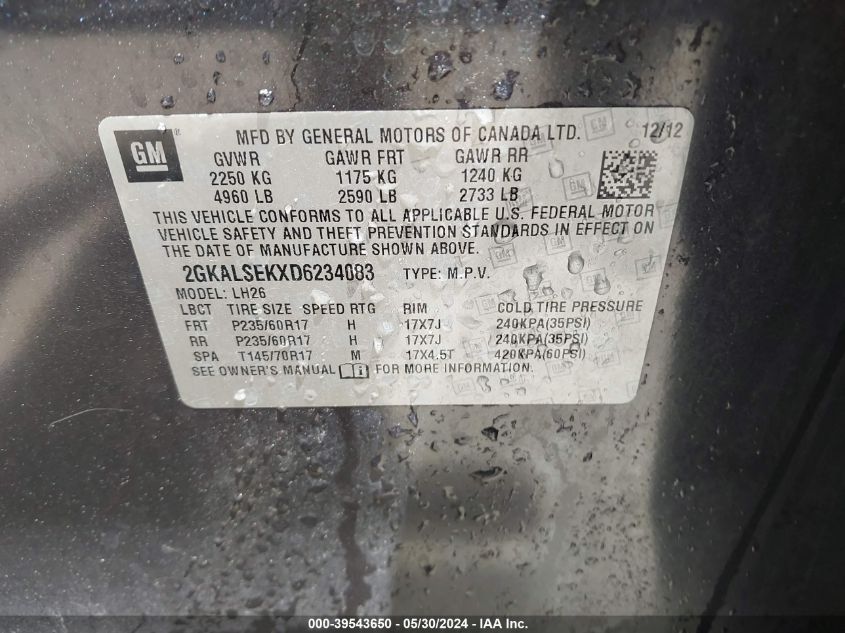 2013 GMC Terrain Sle-2 VIN: 2GKALSEKXD6234083 Lot: 39543650