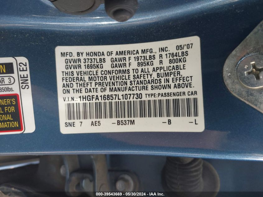 2007 Honda Civic Ex VIN: 1HGFA16857L107730 Lot: 39543669
