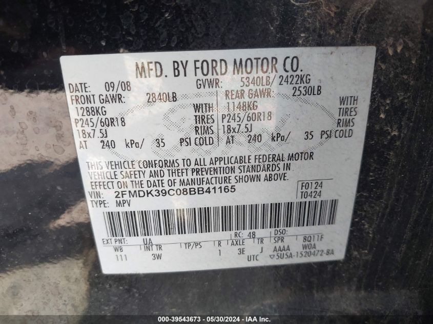 2008 Ford Edge Limited VIN: 2FMDK39C08BB41165 Lot: 39543673