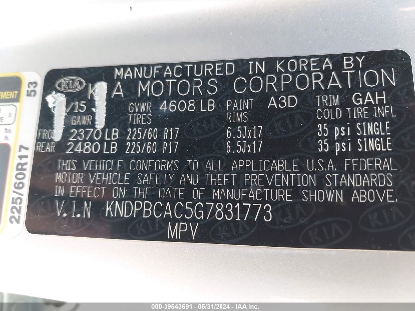 2016 Kia Sportage Lx VIN: KNDPBCAC5G7831773 Lot: 39543691